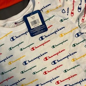 White champion shirt with multicolored print